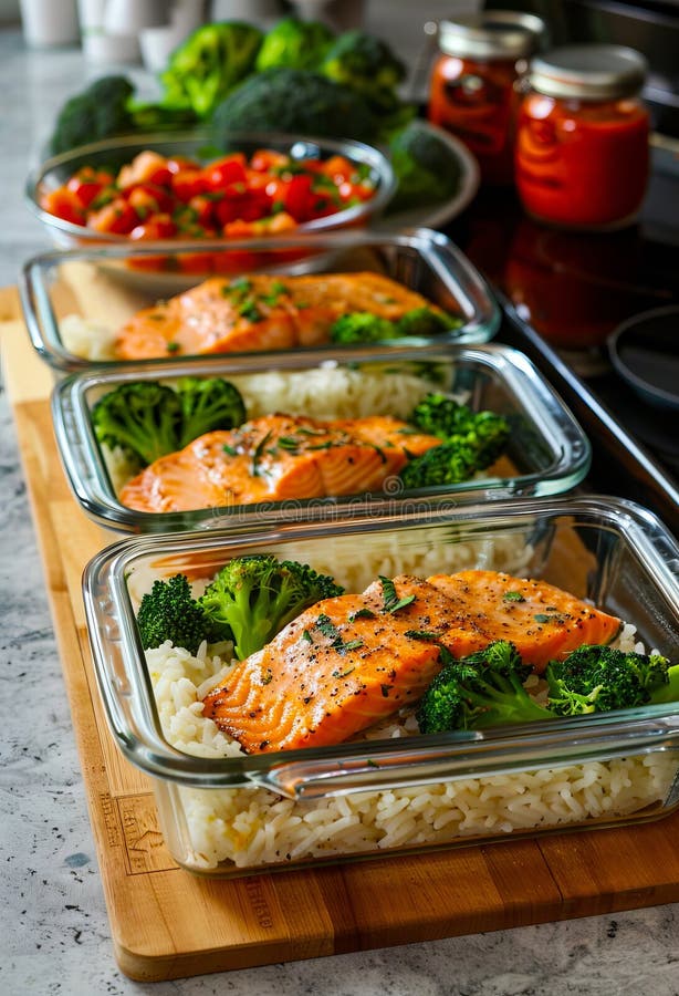 Three Glass Dishes with Salmon, Broccoli and Rice Stock Photo - Image