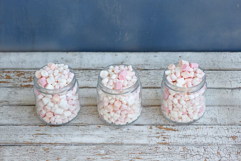 Three Glass Jars Filled To Brim Marshmallow Stock Image Image of