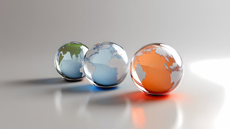 Three glass spheres are arranged in a row on a smooth, reflective surface stock illustration