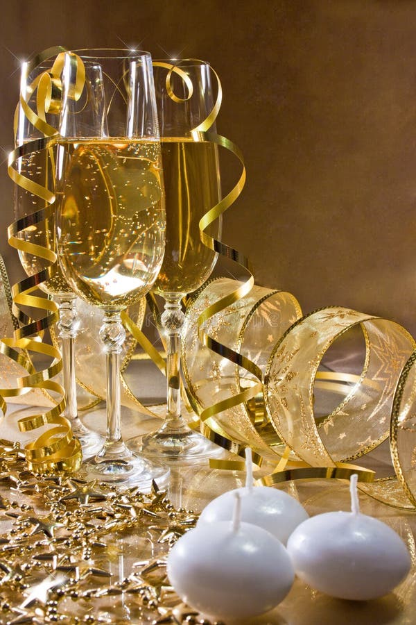 Three Glasses of Champagne and Golden Decoration W Stock Image Image of christmas, wine 22613107