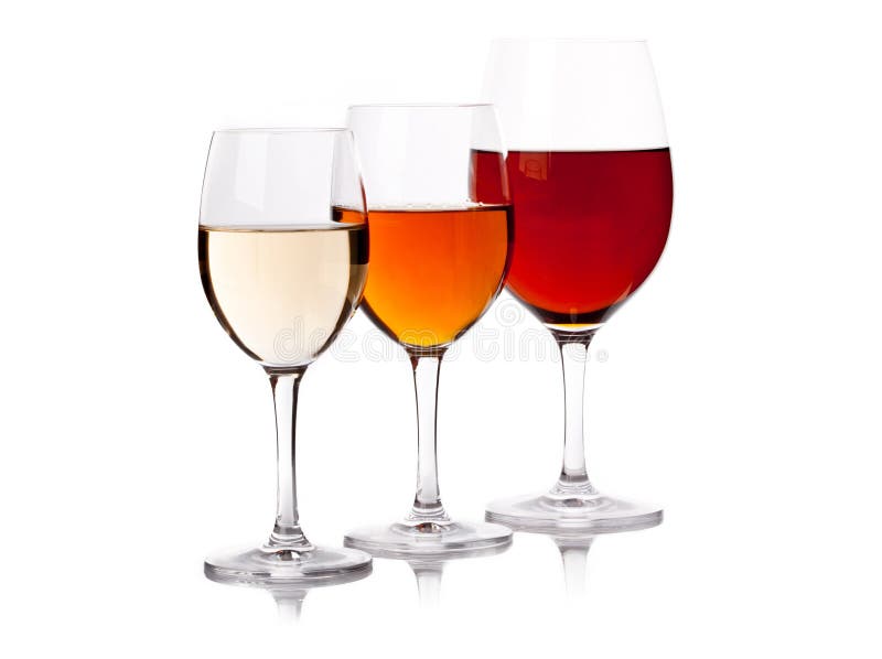 Three glasses with wine of different colour