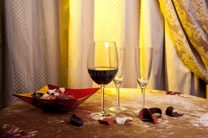 Three Glasses of Wine on a Table in a Vintage Room Stock Image Image of decoration, drink