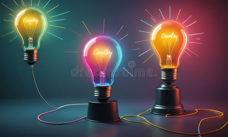 Three glowing light bulbs, each with different color, are connected by wires, creating vibrant and dynamic. The image presents three glowing light bulbs, each with a different color and brightness, arranged in a triangular formation. The bulbs are connected by a single wire, creating a sense of unity and interconnectedness. The background is a gradient of blue and purple, providing a cool and calming atmosphere. The use of vibrant colors and lighting gives the image a lively and energetic feel. The bulbs are positioned in a way that they appear to be radiating outwards, creating a sense of expansion and growth. The image does not contain any discernible text or specific objects, and the relative positions of the bulbs to each other and the wire suggest a deliberate and intentional composition. The overall mood of the image is one of warmth, energy, and possibility.