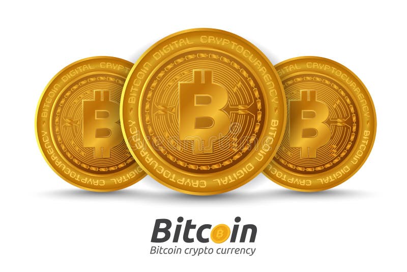 Three golden Bitcoin sign on white background. vector illustration