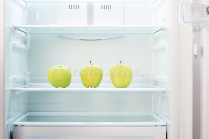 Three Green Apples on Shelf of Open Empty Refrigerator Stock Image Image of eating, food 57974877