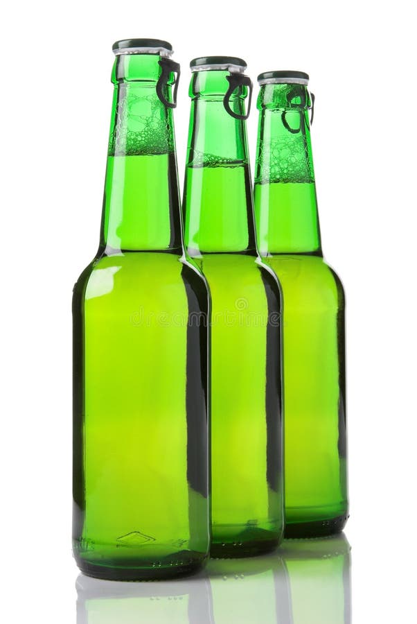 Three green beer bottles