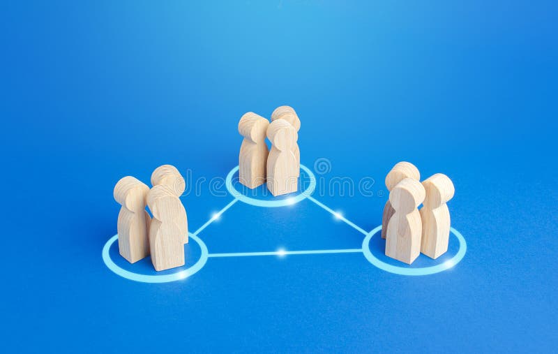Three groups of people are connected by lines. Cooperation and collaboration, job sharing distribution and globalization. stock photos