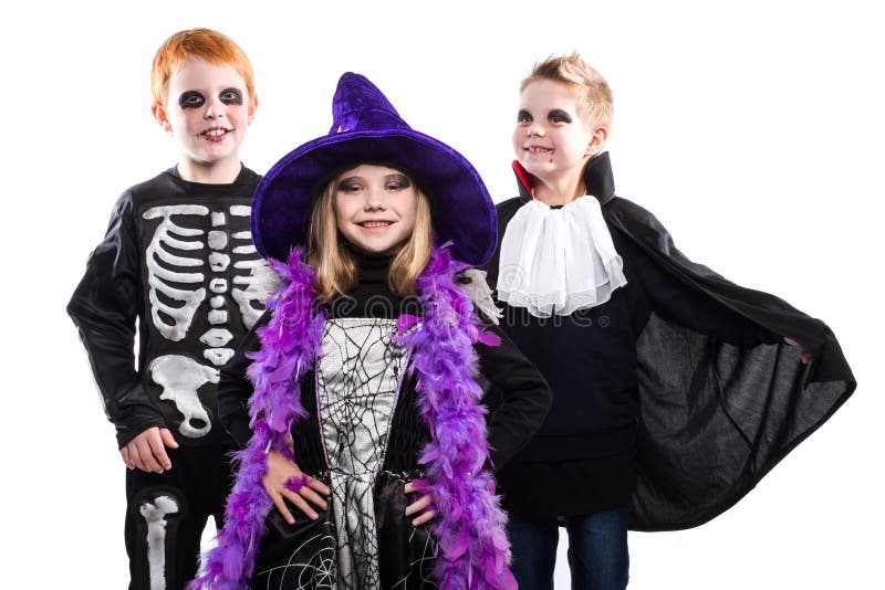 Three halloween characters: witch, skeleton, vampire