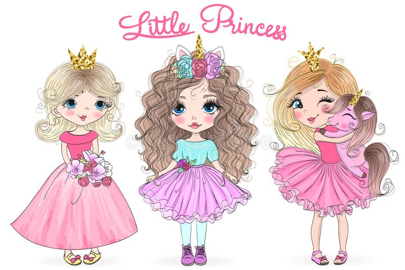 Hand drawn beautiful cute little princess girls with unicorn. vector illustration