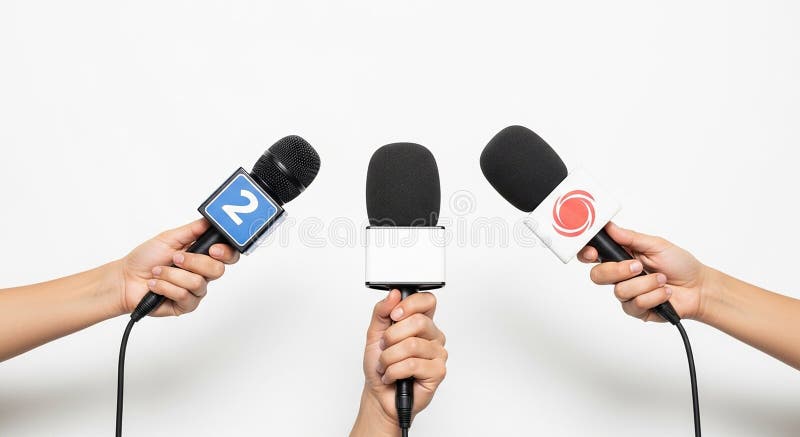 Three hands holding microphones with different and numbers against a clean white background for media interviews vector illustration
