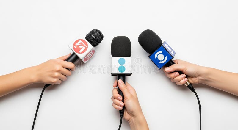 Three hands holding microphones with different against a white background for media interviews vector illustration