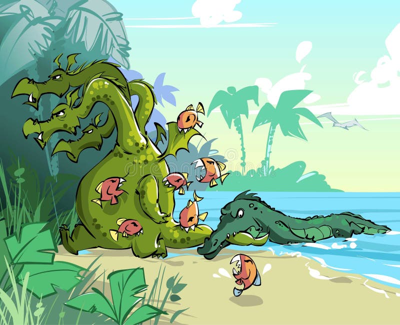 The mythical three-headed monster was attacked by piranhas and a crocodile in the jungle