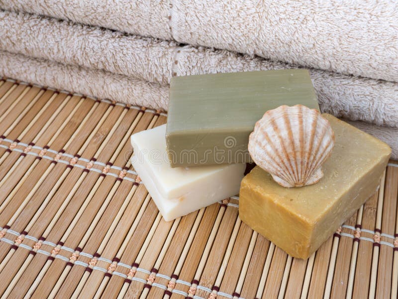 Three Homemade Soap Bars, Scallop Shell and Terry Towel Stock Image