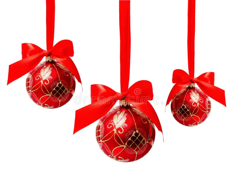 Three hunging red christmas balls isolated royalty free stock photo