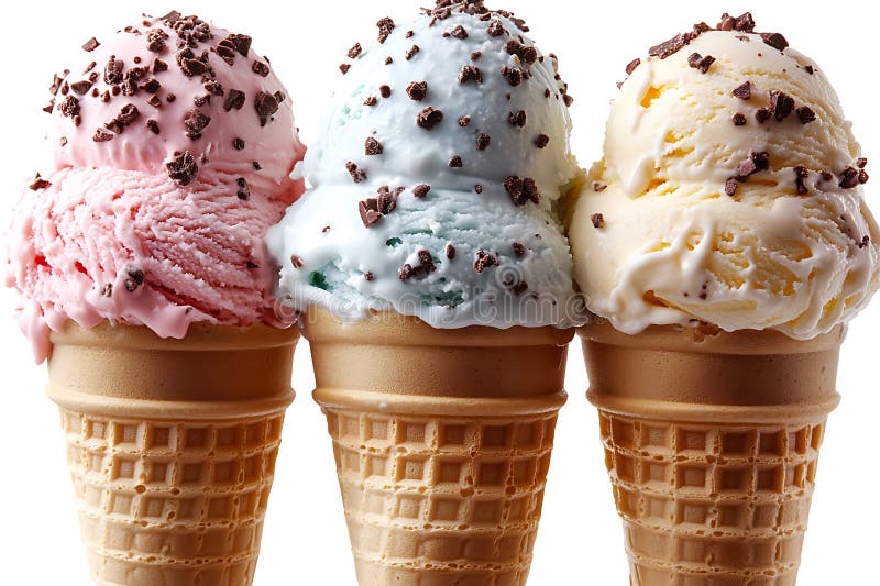 Three Ice Cream Cones Strawberry, Mint, and Vanilla Flavors with Chocolate Chips royalty free illustration