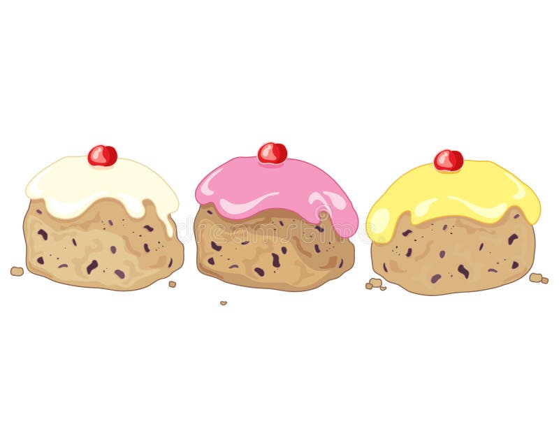 An illustration of three iced buns with cherry decoration and pink white and yellow frosting on a white background