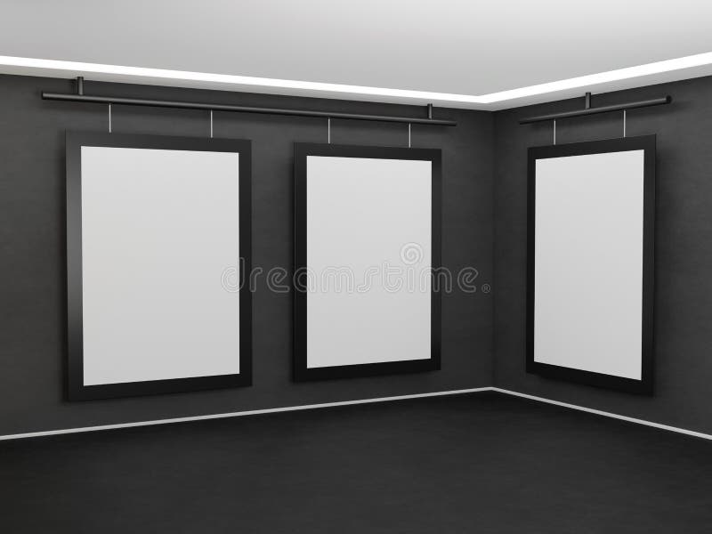 Three images hang on a dark gray concrete wall in the corner of the room. Poster template with black frame. 3D rendering stock illustration