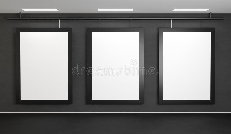 Three images hang on a dark gray concrete wall. Posters template with black frames. 3D rendering mockup for art gallery stock illustration