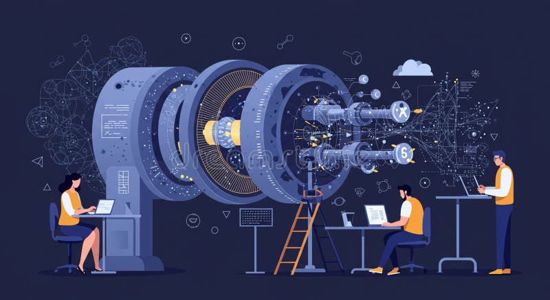 Three individuals are working on a large, futuristic machine with multiple intricate royalty free illustration