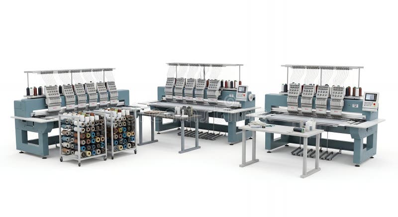Three Industrial Embroidery Machines in a Bright White Studio Setting Showcasing Automated Textile Manufacturing and royalty free illustration