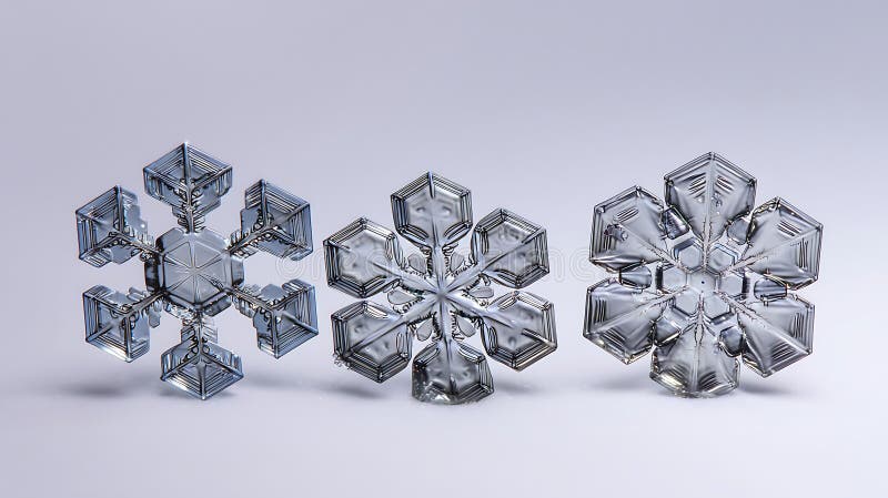 Three intricately detailed, clear crystal snowflake figurines are displayed on a light royalty free illustration