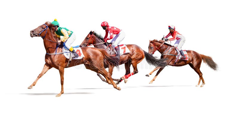 Jockey horse racing isolated on white background. Three jockey horse racing isolated on white background