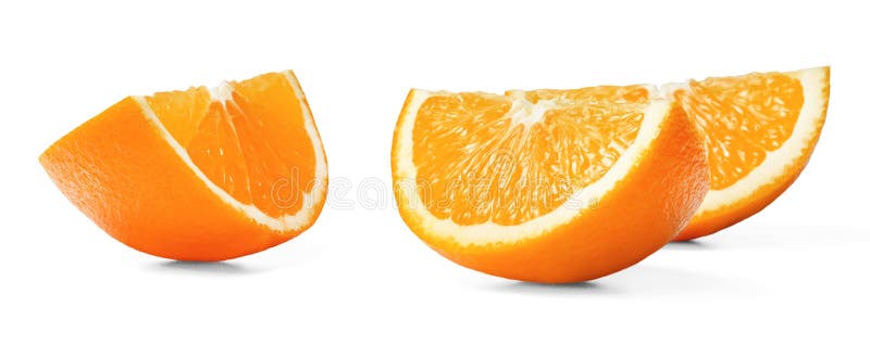Three juicy fresh orange slices with peel on a white isolated background. Close up. stock images Three juicy fresh orange slices with peel on a white isolated background. Close up. stock images
