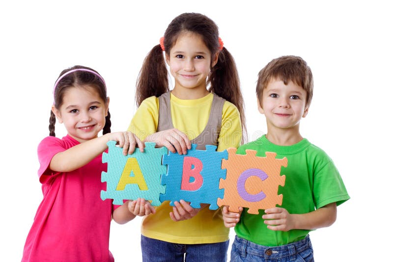 Three kids with letters royalty free stock photos