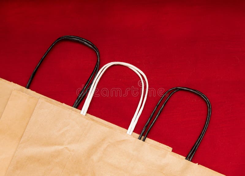 Three Kraft Paper Recyclable Bags with Handles Lie on a Red Background
