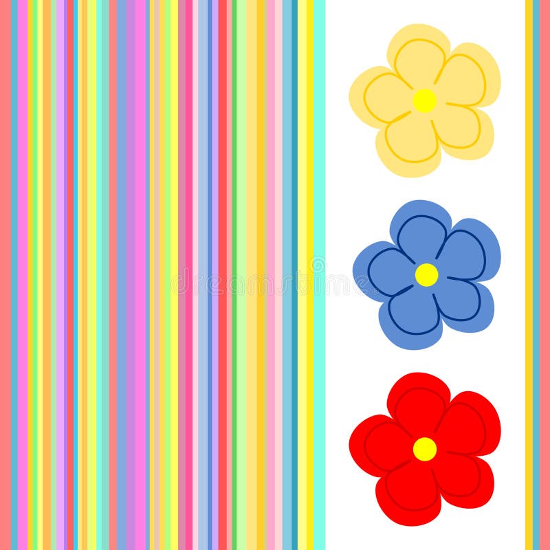 Three large flowers with stripes. Three colorful flowers on white background framed by multicolored stripes in a square format royalty free illustration Three large flowers with stripes. Three colorful flowers on white background framed by multicolored stripes in a square format royalty free illustration