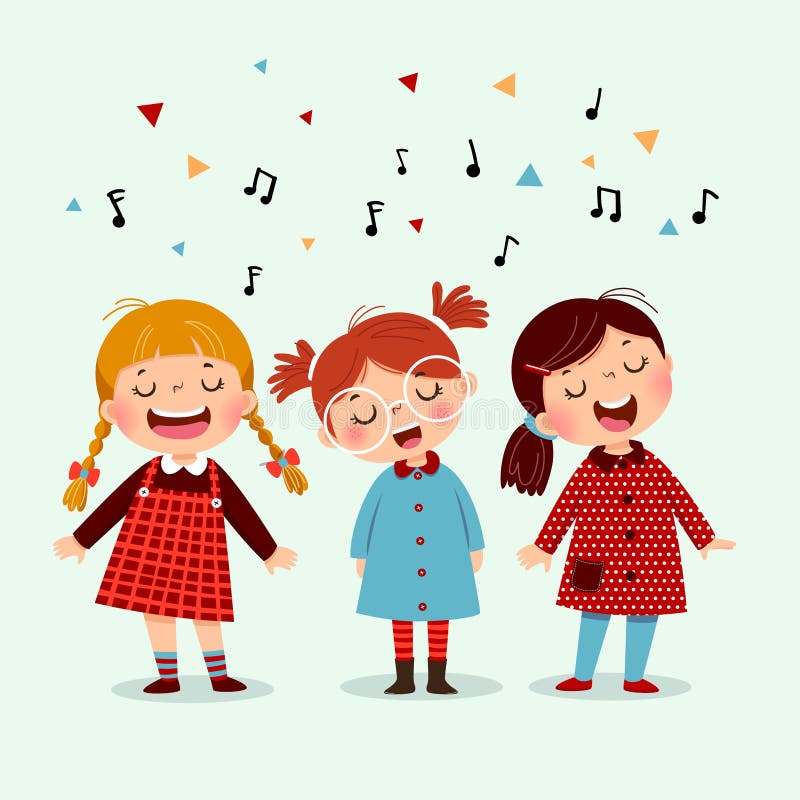 Three little girl singing a song on blue background. Happy three kids singing together vector illustration Three little girl singing a song on blue background. Happy three kids singing together vector illustration