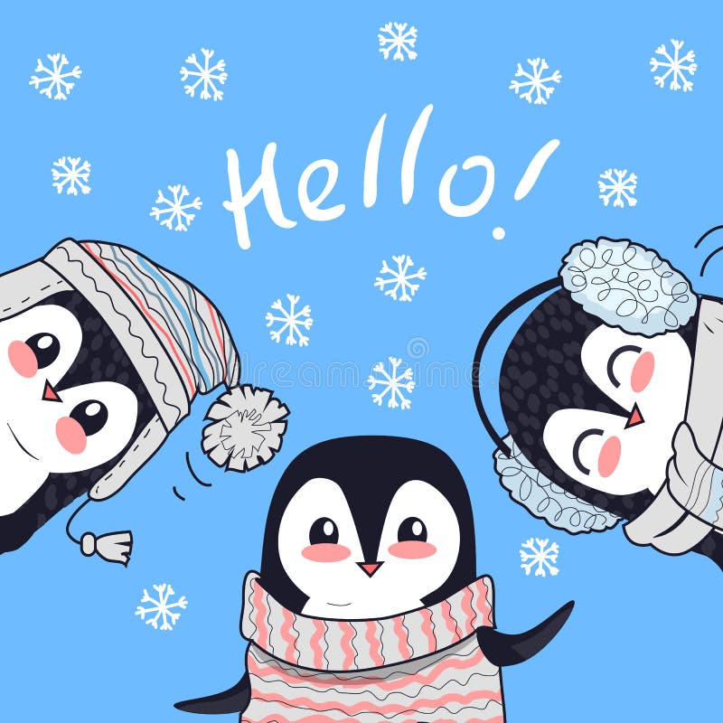  Tres pequeños pingüinos dicen saludos.  Hola Banner Vector Stock