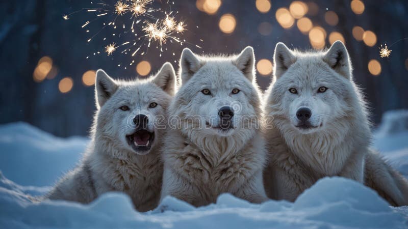 Majestic Arctic Wolves with Sparkling Fireworks in Winter Wonderland royalty free illustration