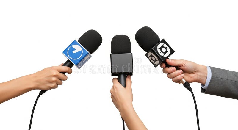 Three microphones held by hands, two with for interviews against a white background media royalty free illustration