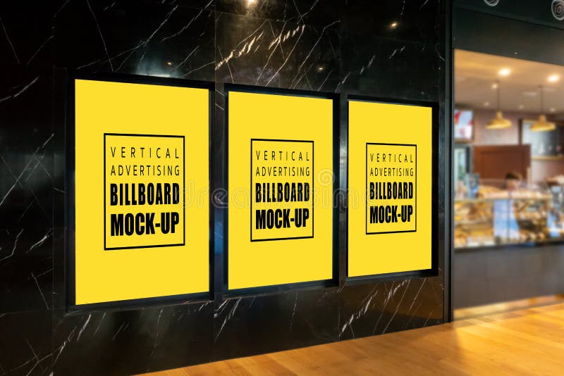 Three mock up vertical advertising billboard at bakery shop stock images