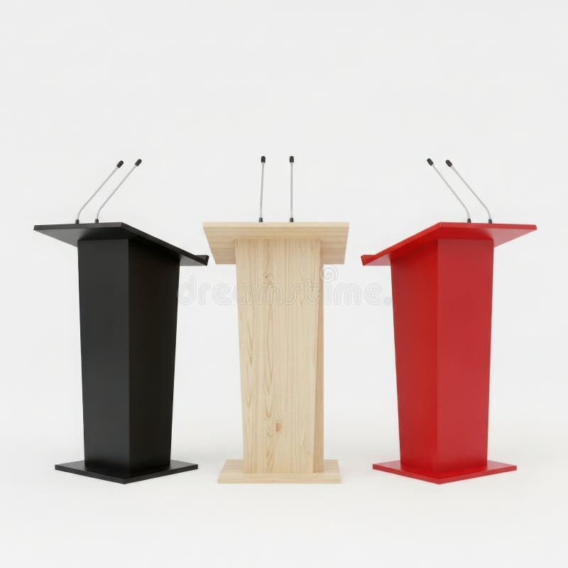 Three modern speaker podiums with microphones in black beige and red colors royalty free illustration