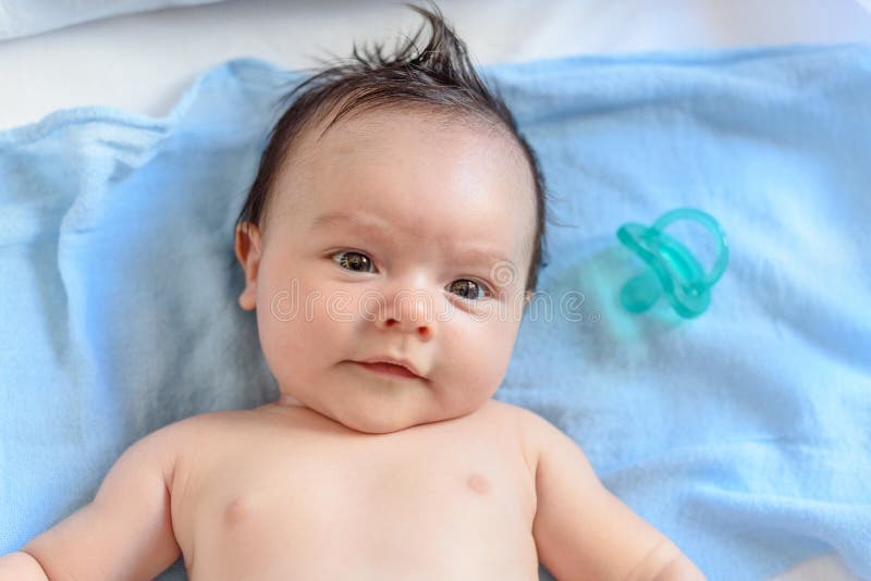 Threemonthold Baby on a Blue Bath Towel Stock Photo Image of merry