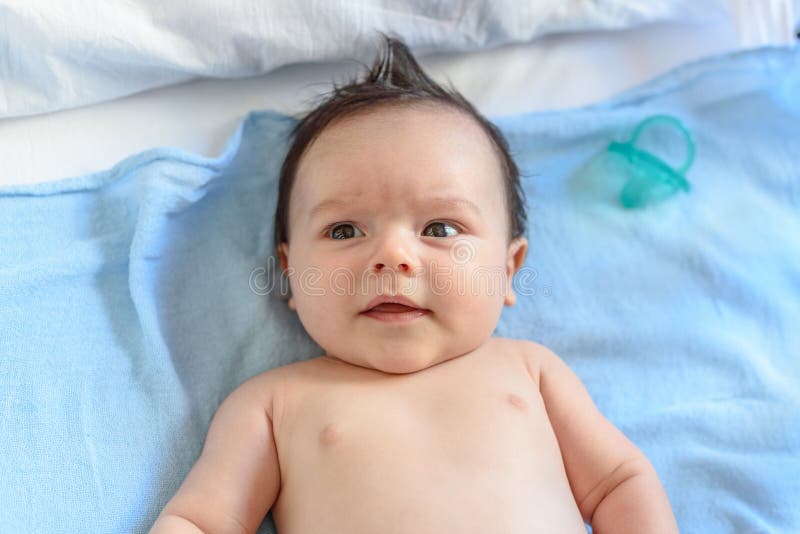 Threemonthold Baby on a Blue Bath Towel Stock Photo Image of