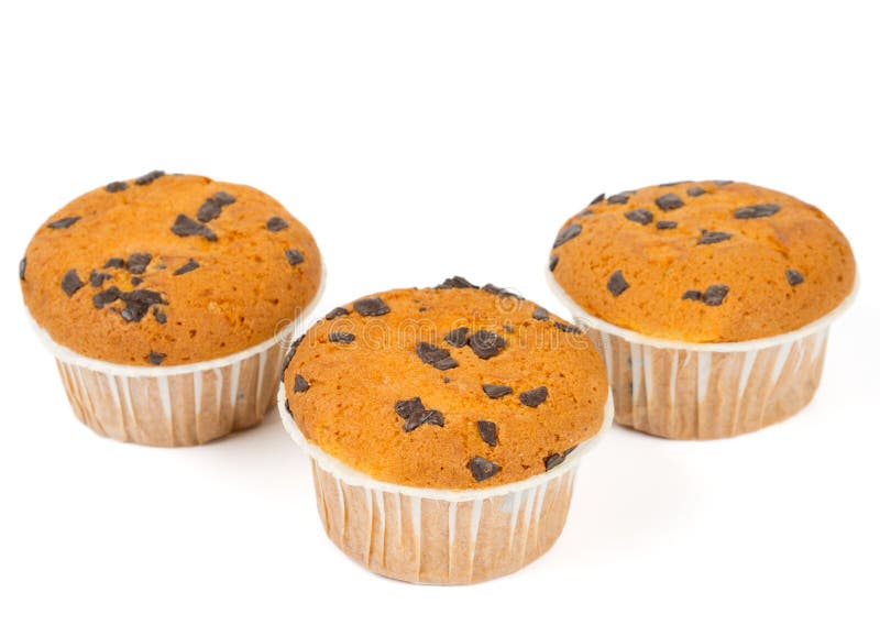 Three muffins with chocolate chips
