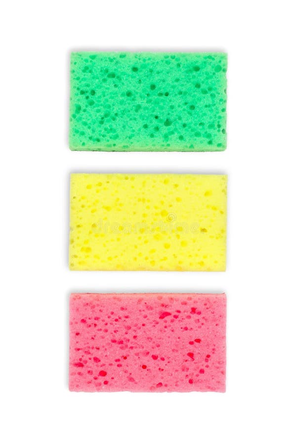 Three multi-colored foam sponges in the form of traffic light colors. Foam sponges are isolated on a white background. Multi colored foam sponges stock images, royalty-free photos and pictures