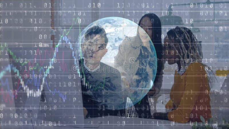 Three office colleagues working on computer at tech meeting showcasing binary code charts and globe stock footage
