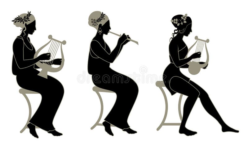 Three old Greek style musician girls, playing lyre, cithara and flute isolated on white background. Greek muses