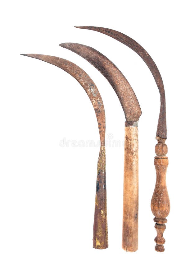Three old rusty sickle isolated on white background. Old vintage sickle style. Thailand old sickle stock images Three old rusty sickle isolated on white background. Old vintage sickle style. Thailand old sickle stock images