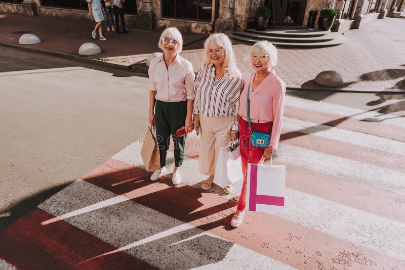 Three Older Ladies are Standing on Pedestrian Crossing Stock Photo ...