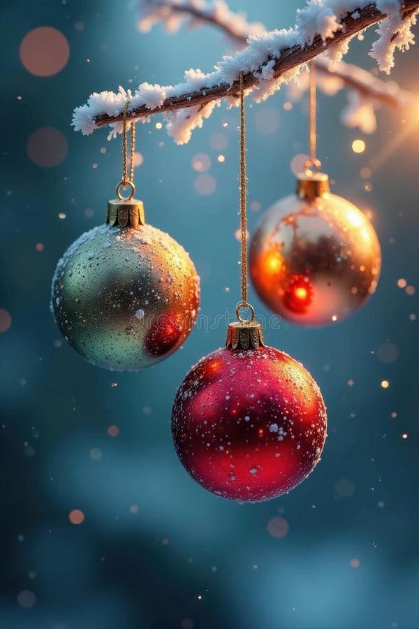 Three ornate baubles hang on a frosted branch, soft glow , festive, texture royalty free illustration
