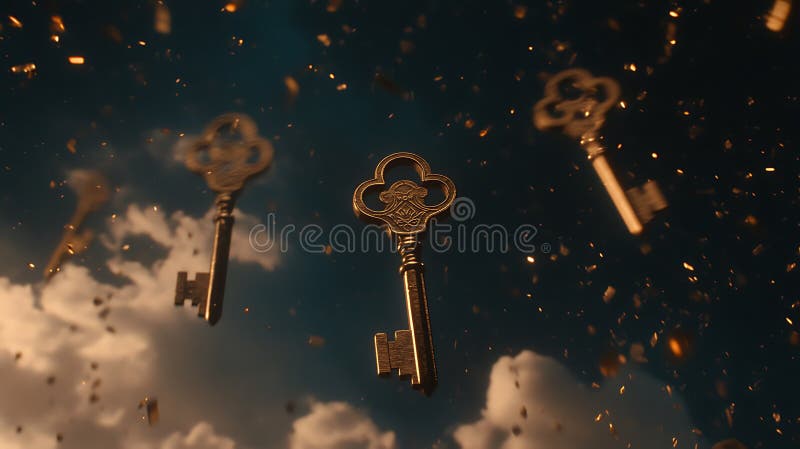 Three ornate golden keys float against a celestial backdrop, featuring a dark, starry royalty free illustration