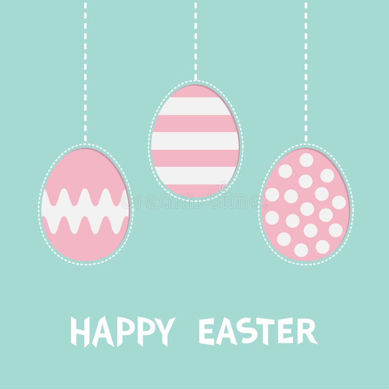 Three painting egg shell. Happy Easter text. Hanging painted egg set. Pink color with dot, stripe, zigzag pattern. Dash line. Gree vector illustration Three painting egg shell. Happy Easter text. Hanging painted egg set. Pink color with dot, stripe, zigzag pattern. Dash line. Gree vector illustration