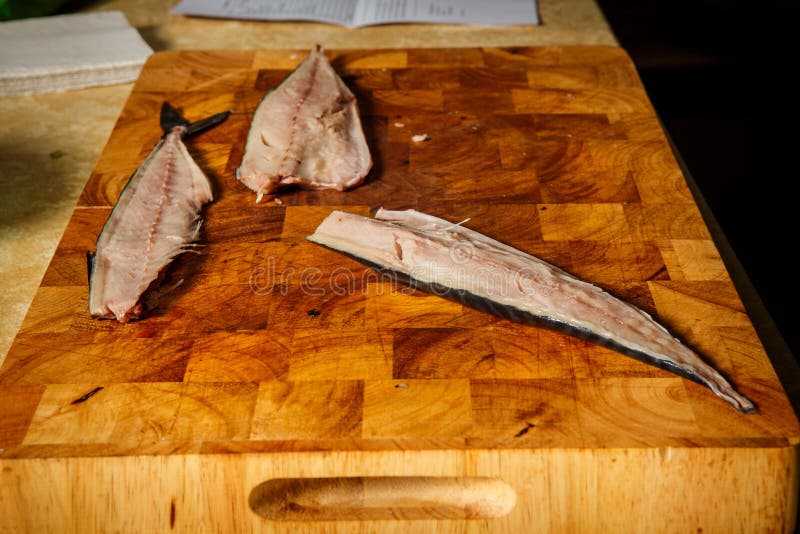 Three Part of Raw Mackerel Fillet Lie on Wooden Tray Stock Image