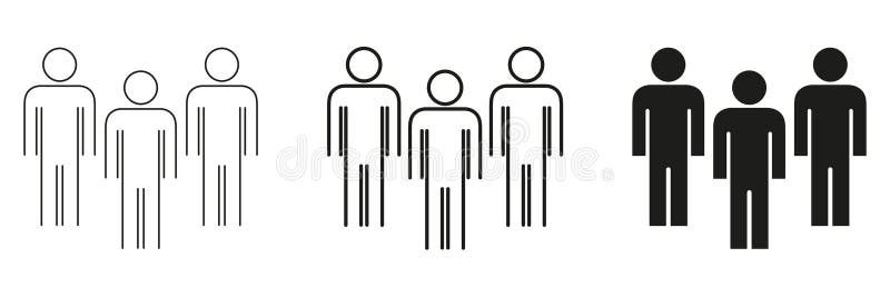 Three People Group Line And Solid Icon Set. Teamwork, Collaboration, And Community Outline And Silhouette Symbol stock illustration