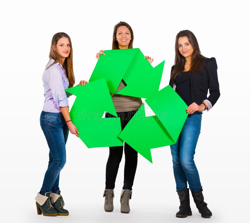 Three people holding a recycle sign stock image
